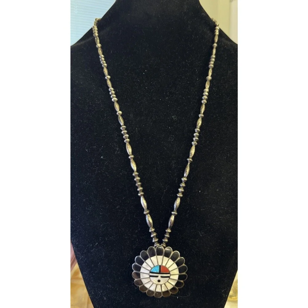 Native American Sterling Silver Gemstone Inlay Chief Sunface Statement Necklace - Picture 3 of 8